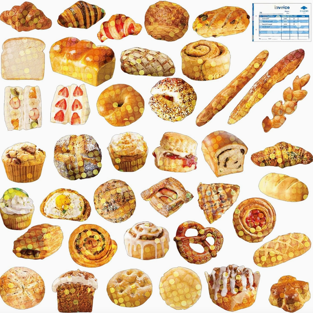 Assorted bakery items including pastries, breads, and donuts on a white background.