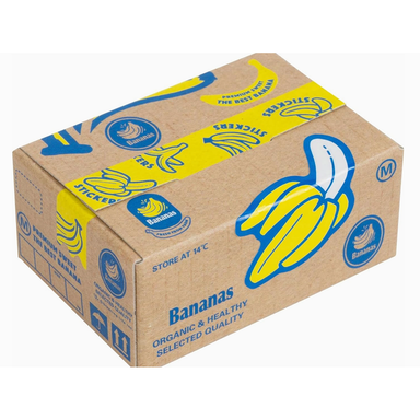 Cardboard box with banana illustrations and text on a white background