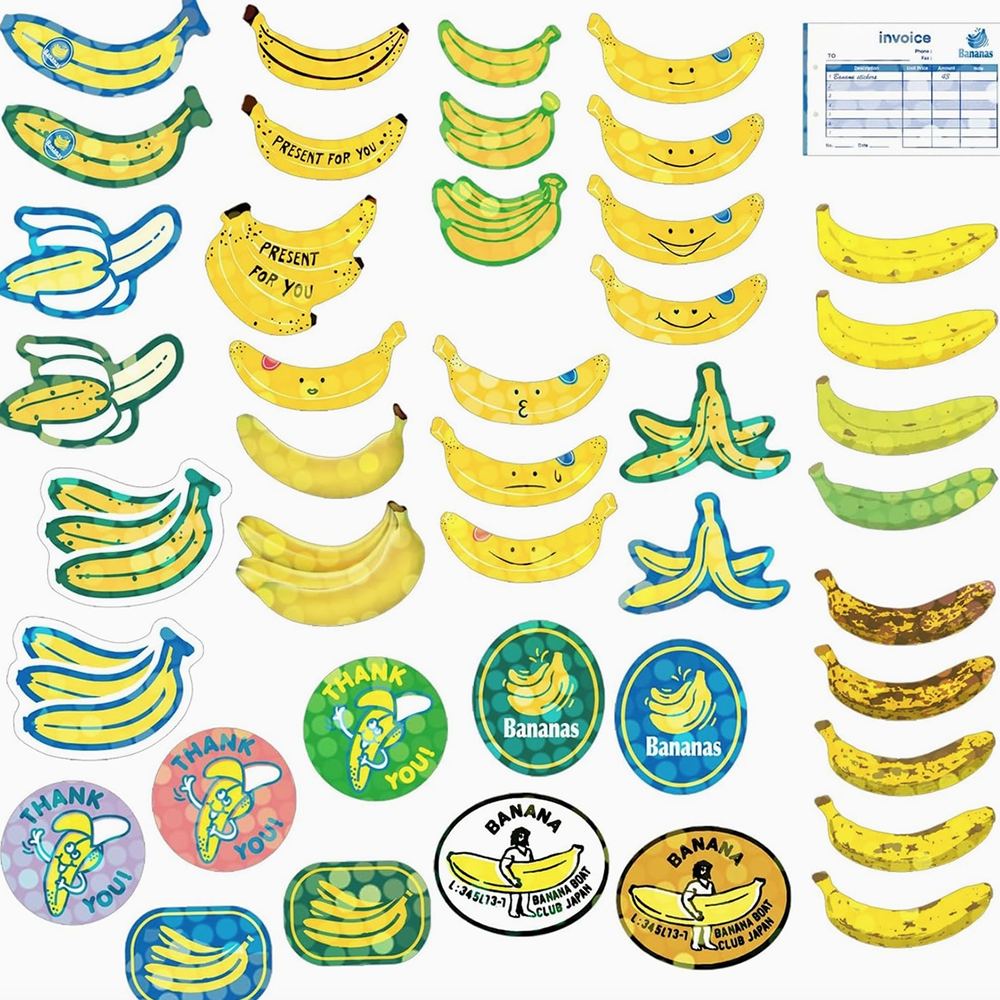 Collection of banana-themed stickers and  on a white background