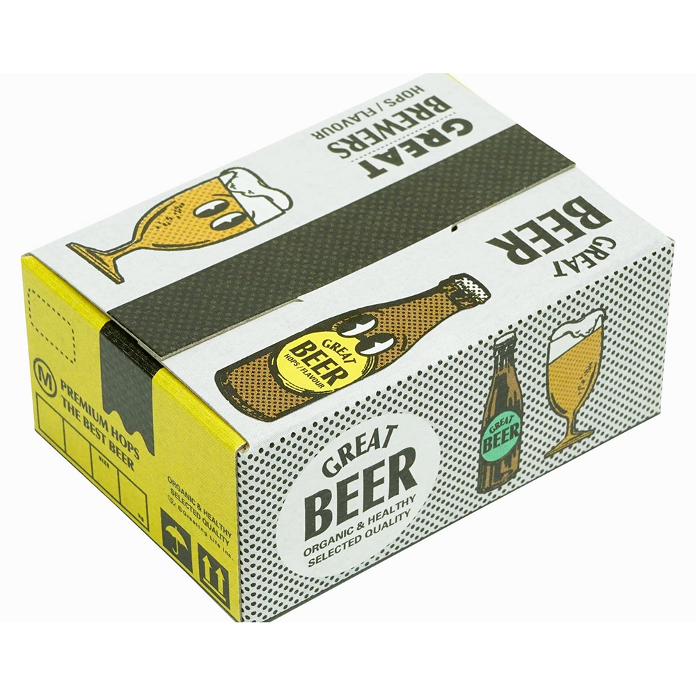 Box of 'Great Beer' with beer bottle and glass graphics on a white background