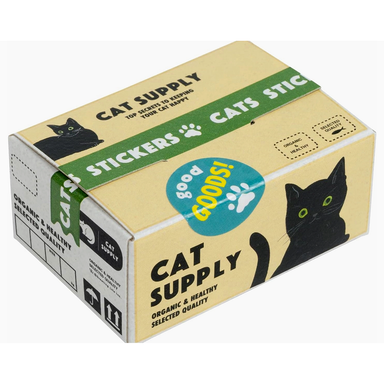 Box of cat supply stickers with 'good goods!' branding on a white background