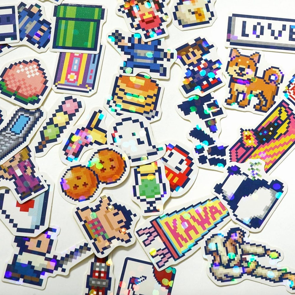 Collection of colorful pixel art stickers on a white background