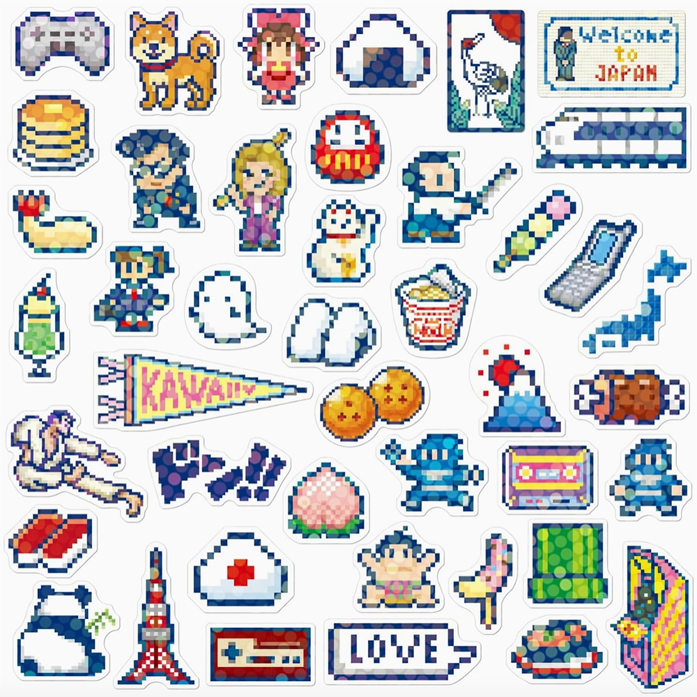 Collection of pixel art stickers with various designs on a white background