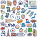 Collection of pixel art stickers with various designs on a white background