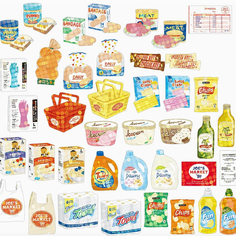 Collection of miniature food and product stickers on a white background