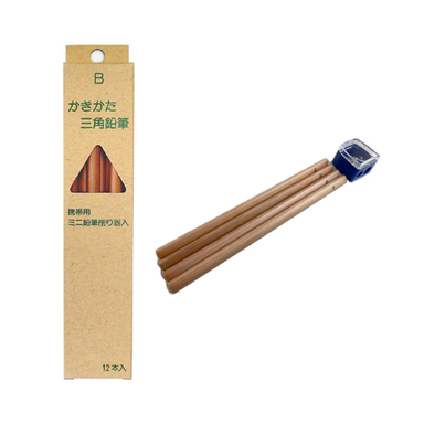 Kita-Boshi Triangular Pencils- shown as a box of 12 and 4 pencils with included pencil sharpener