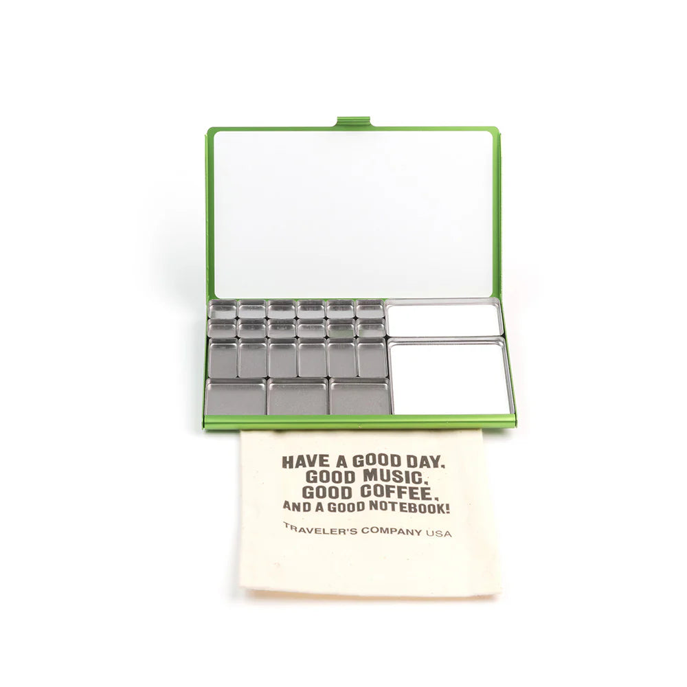 TRC USA and Art Toolkit Limited Edition Folio Palette in Green shown open to highlight pans and trays