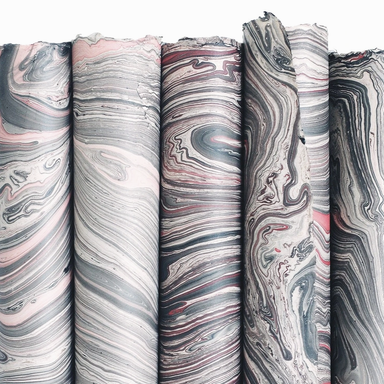 Marbled Paper- Gray with Black, Pink, Red and Gold 5 sheets rolled to show pattern variations