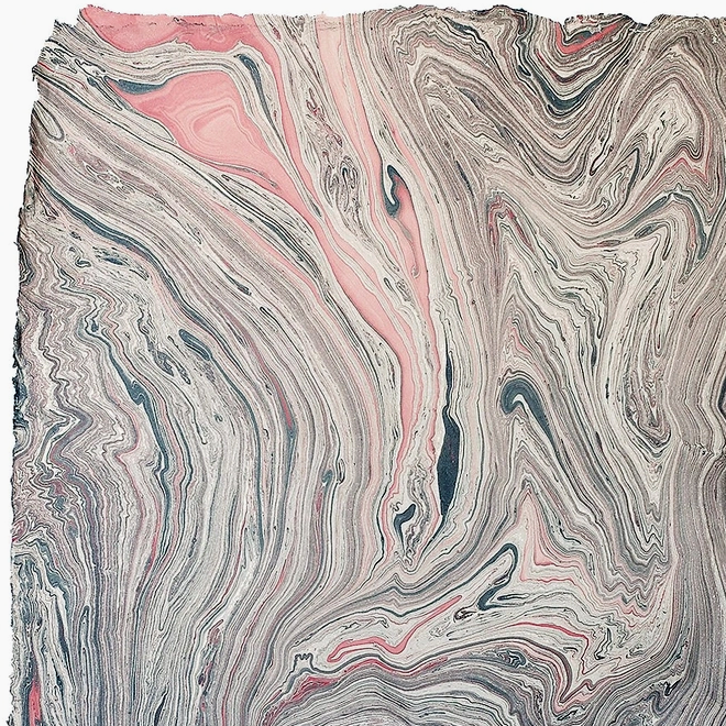 Marbled Paper- Gray with Black, Pink, Red and Gold with deckled edge