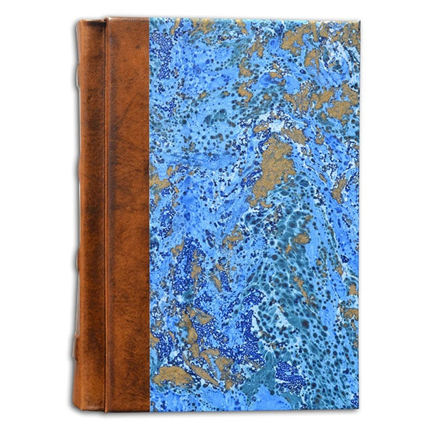 Marbled Italian Journal- 5x7 Inches, Lined Pages- Notebook with blue marbled cover and brown leather binding on a white background
