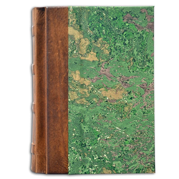 Marbled Italian Journal- 5x7 Inches, Lined Pages- Notebook with green marbled cover and brown leather binding on a white background