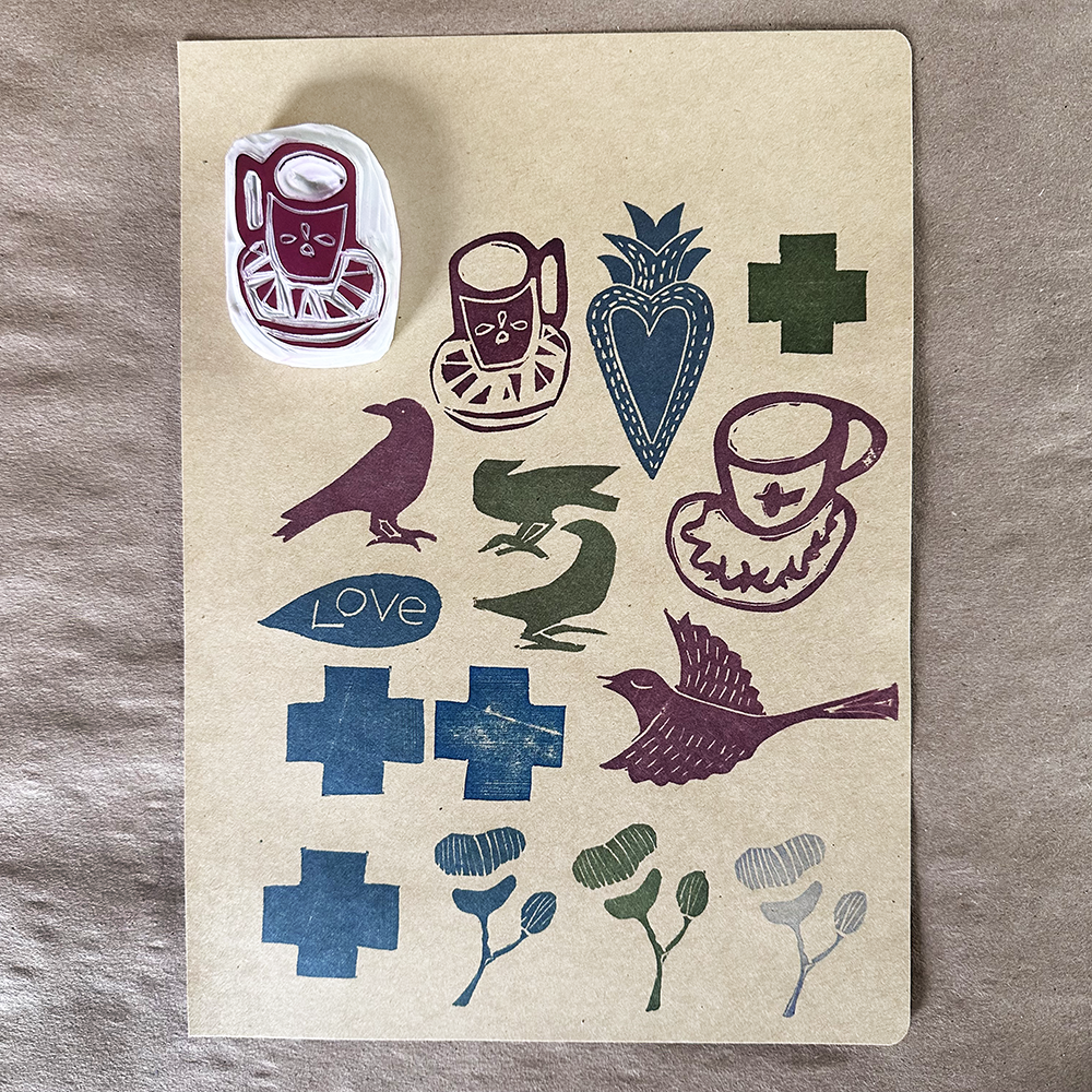 Visual Journaling - Return to the Analog World- hand carved stamp samples