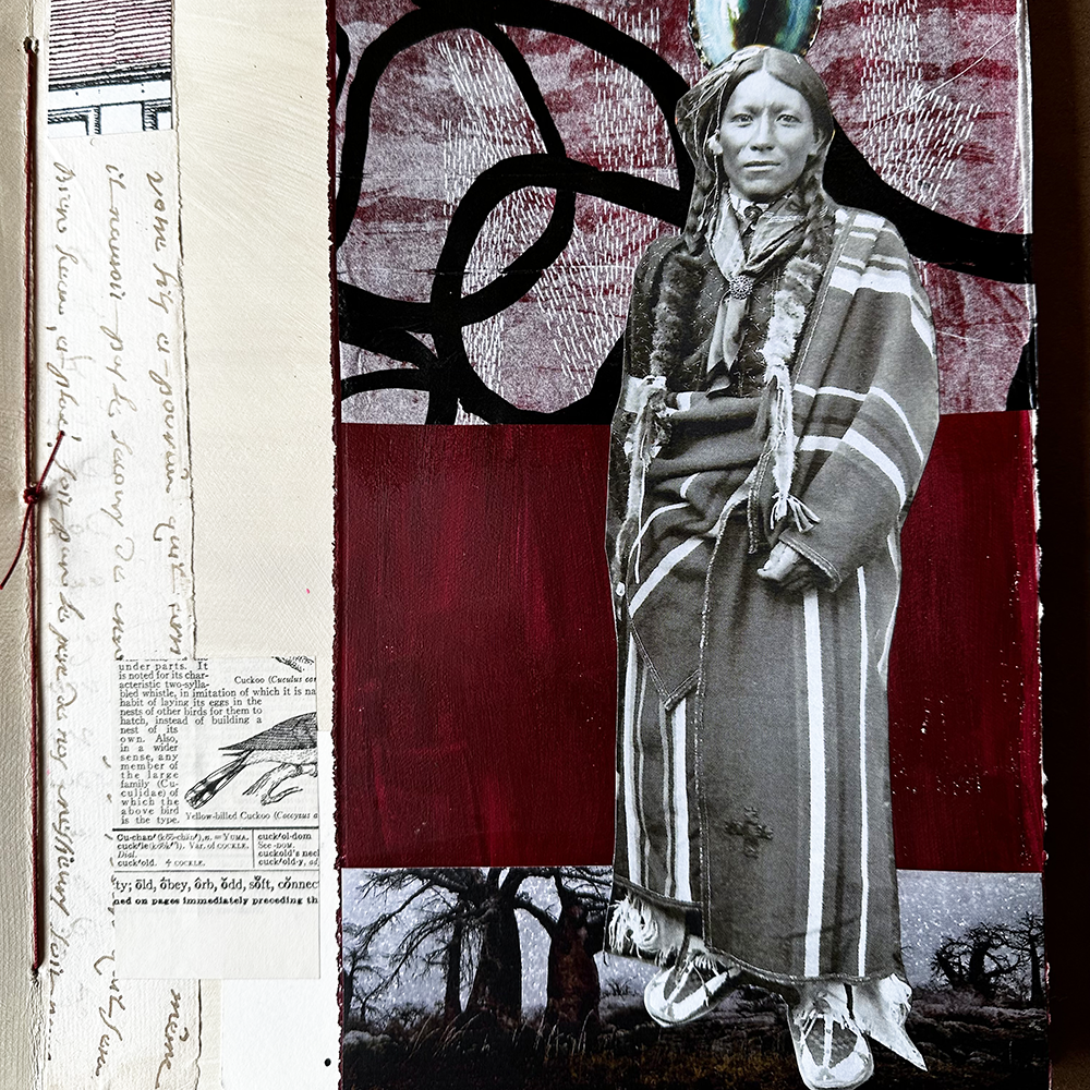 Visual Journaling - Return to the Analog World- class page sample with native American portrait and collage background