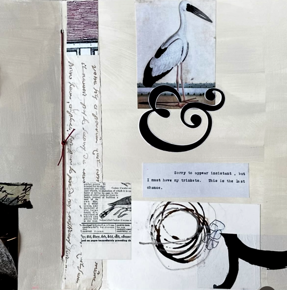 Mixed-media collage on textured off-white paper, featuring a vertical strip of cursive handwriting, a vintage-style stork illustration, a large black ampersand, a small handwritten note, and abstract black ink swirls.