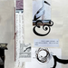 Mixed-media collage on textured off-white paper, featuring a vertical strip of cursive handwriting, a vintage-style stork illustration, a large black ampersand, a small handwritten note, and abstract black ink swirls.