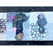 An open handmade art journal spread on a dark wooden surface, featuring three distinct illustrated and mixed-media columns with abstract figures, snakes, geometric patterns, and natural elements.