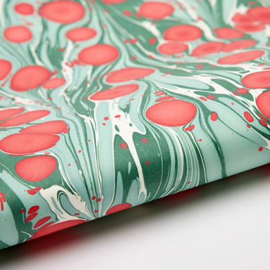 Handmade Indian Cotton Paper- Marbled Cosmos- Dark green, pale green with red and white accents- detail