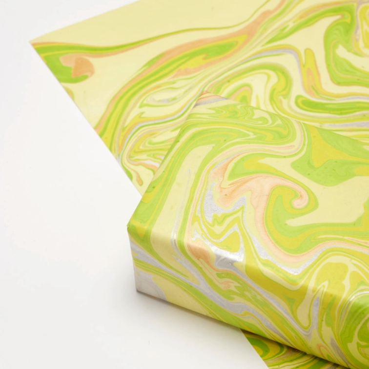 Handmade Indian Cotton Paper- Marbled Limoncello-Free Spirit- pale green, silver and gold-  flat sheet with wrapped box