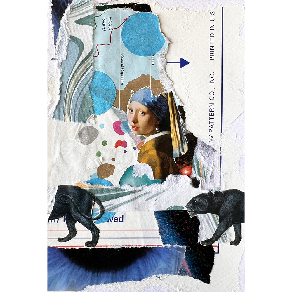 Collage art with a classical painting of a woman, black panthers, and abstract elements.