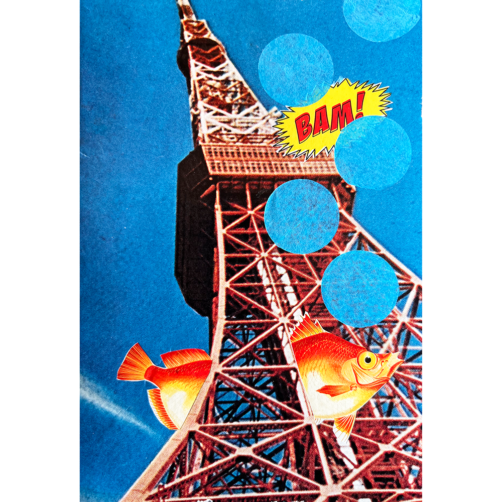 Collage of a tower with fish and a 'BAM!' sound effect against a blue background