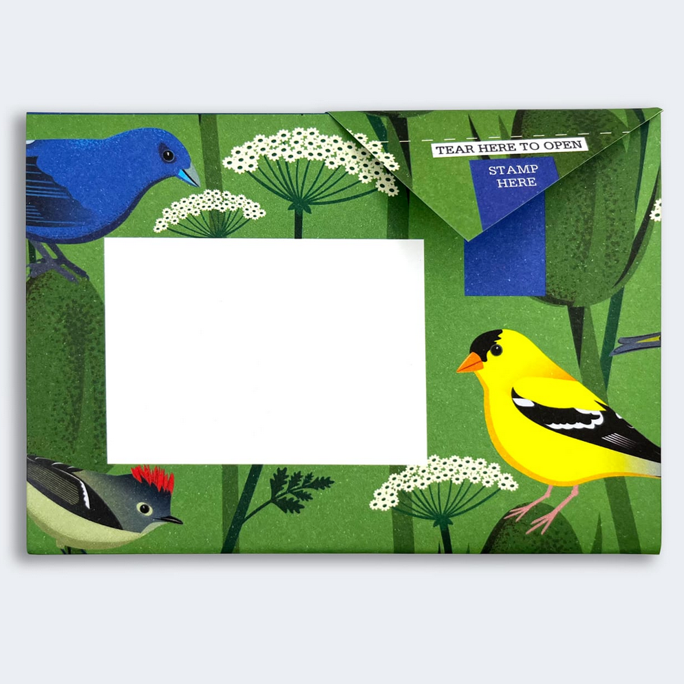 Pigeon Post- Carnival of Colour- with blue and yellow birds on green background