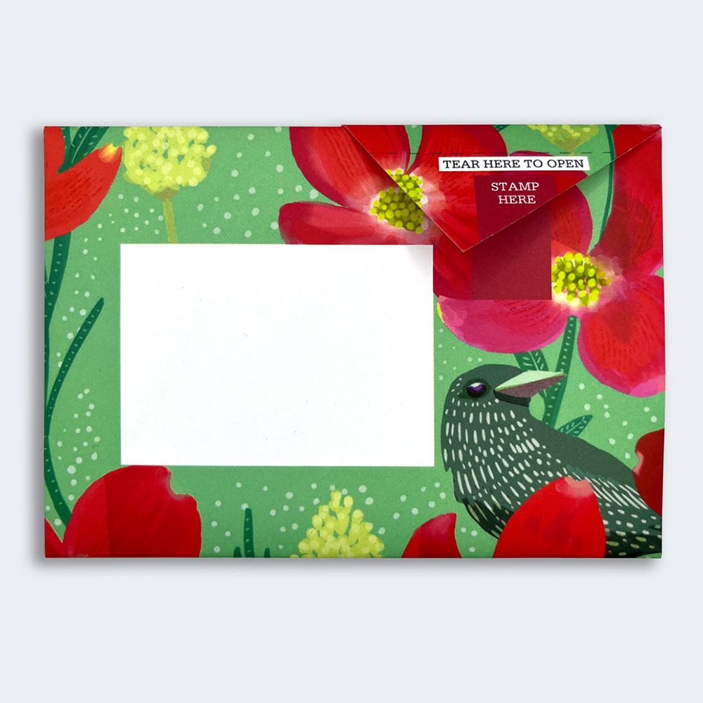 Pigeon Post- Dusk to Dawn with bird and red flowers on light green background