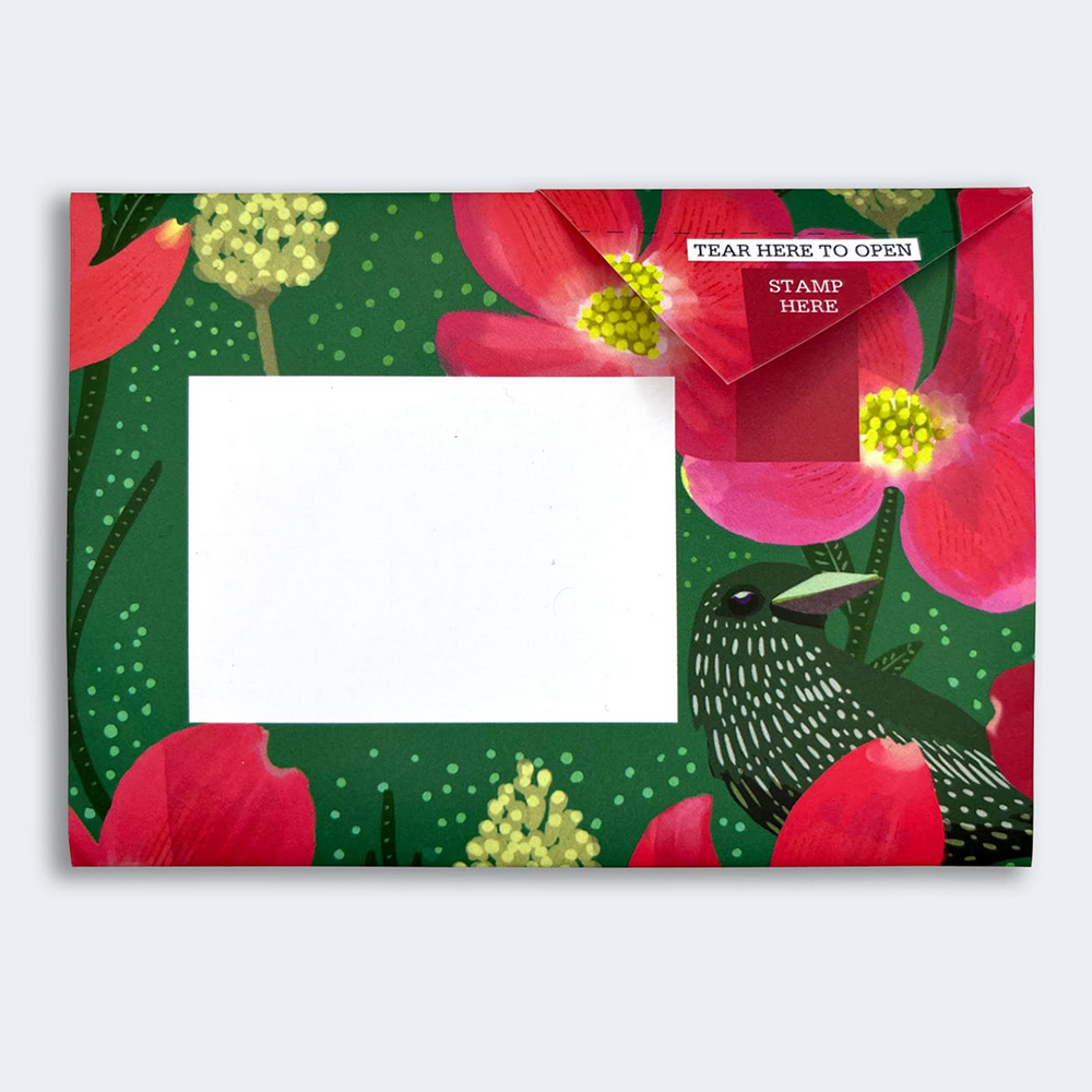 Pigeon Post- Dusk to Dawn with bird and red flowers on dark green background