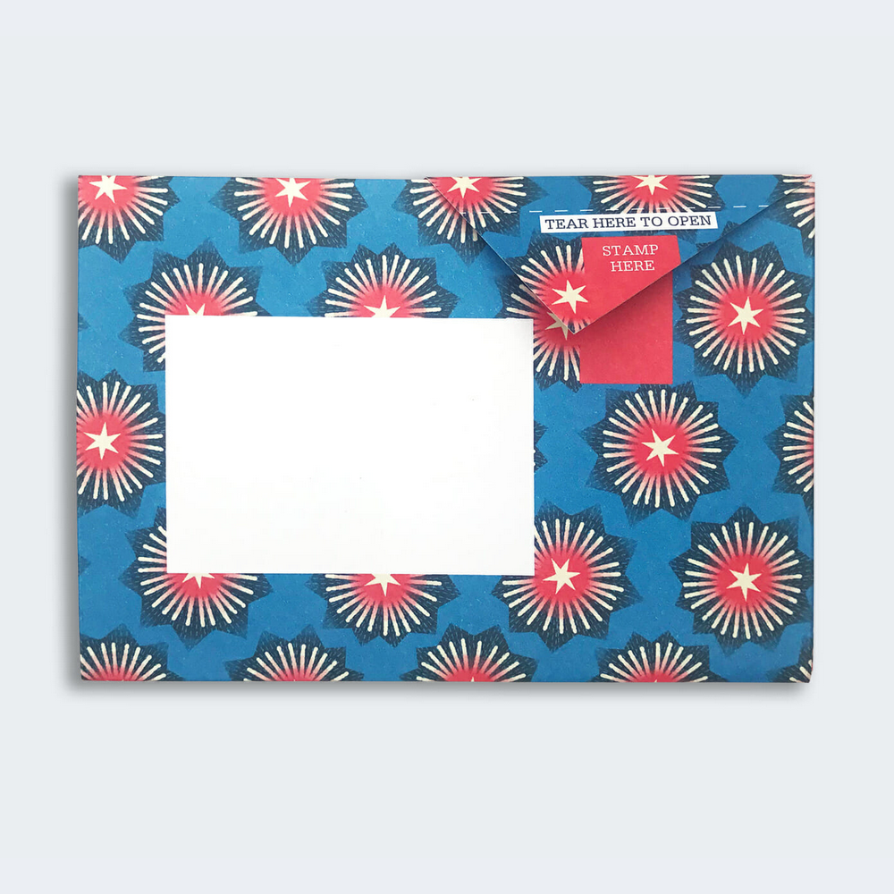 Starburst Pigeon with blue background and white and red starburst with many stars