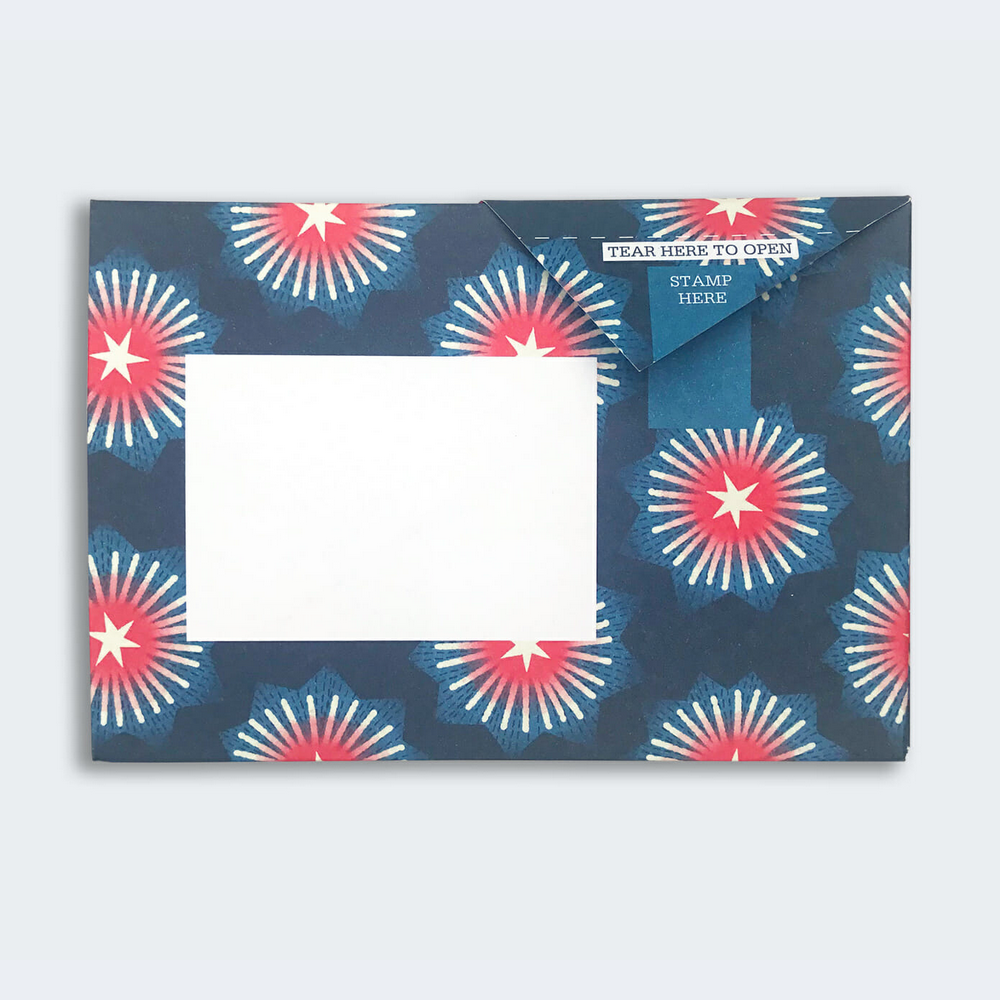 Starburst Pigeon with navy blue background and white and red starburst 