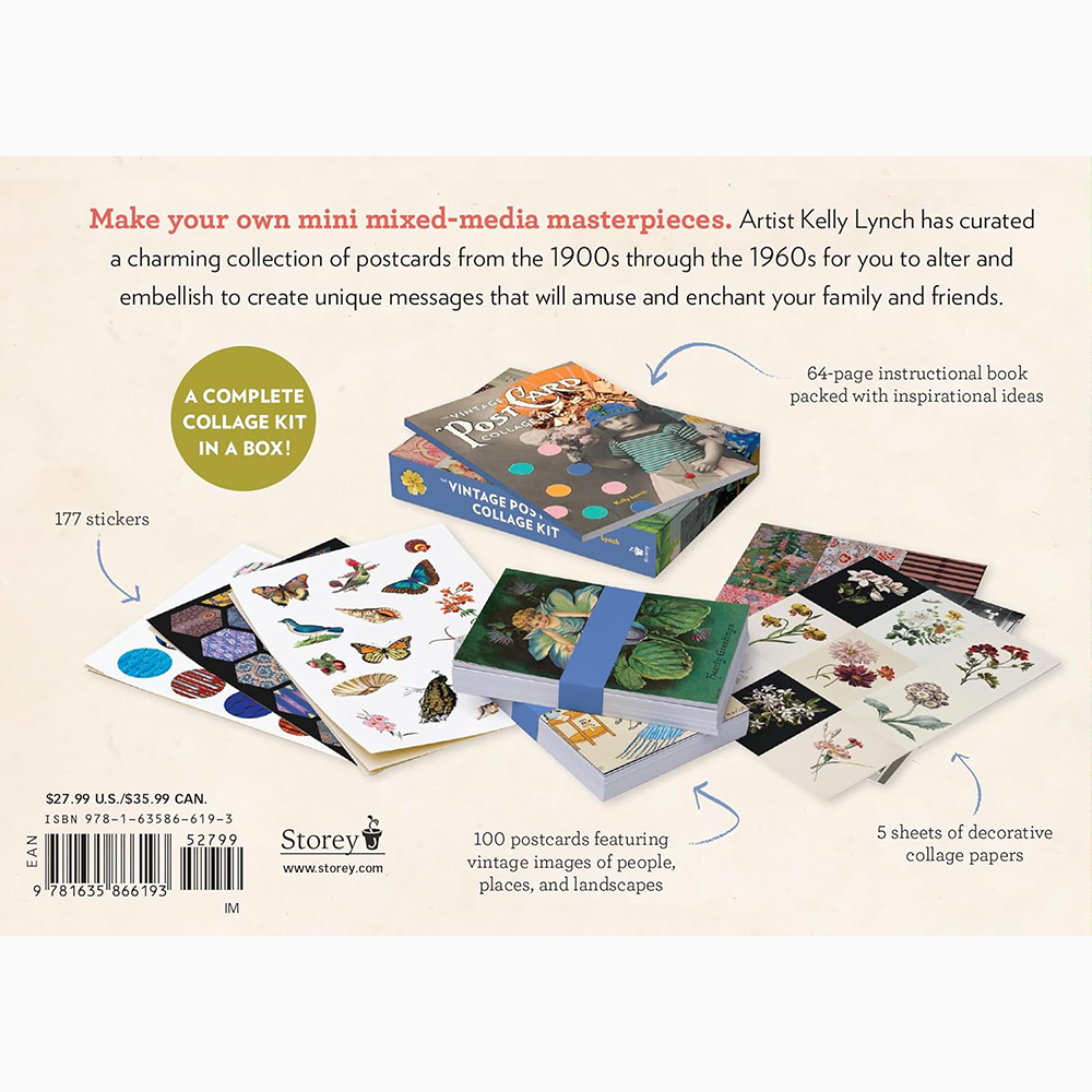 The Vintage Postcard Collage kit packaging backside showing contents