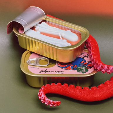 Tinned Fish Candle- Pulpo in Tomato Sauce with one can open and one can closed with octopus tentacles