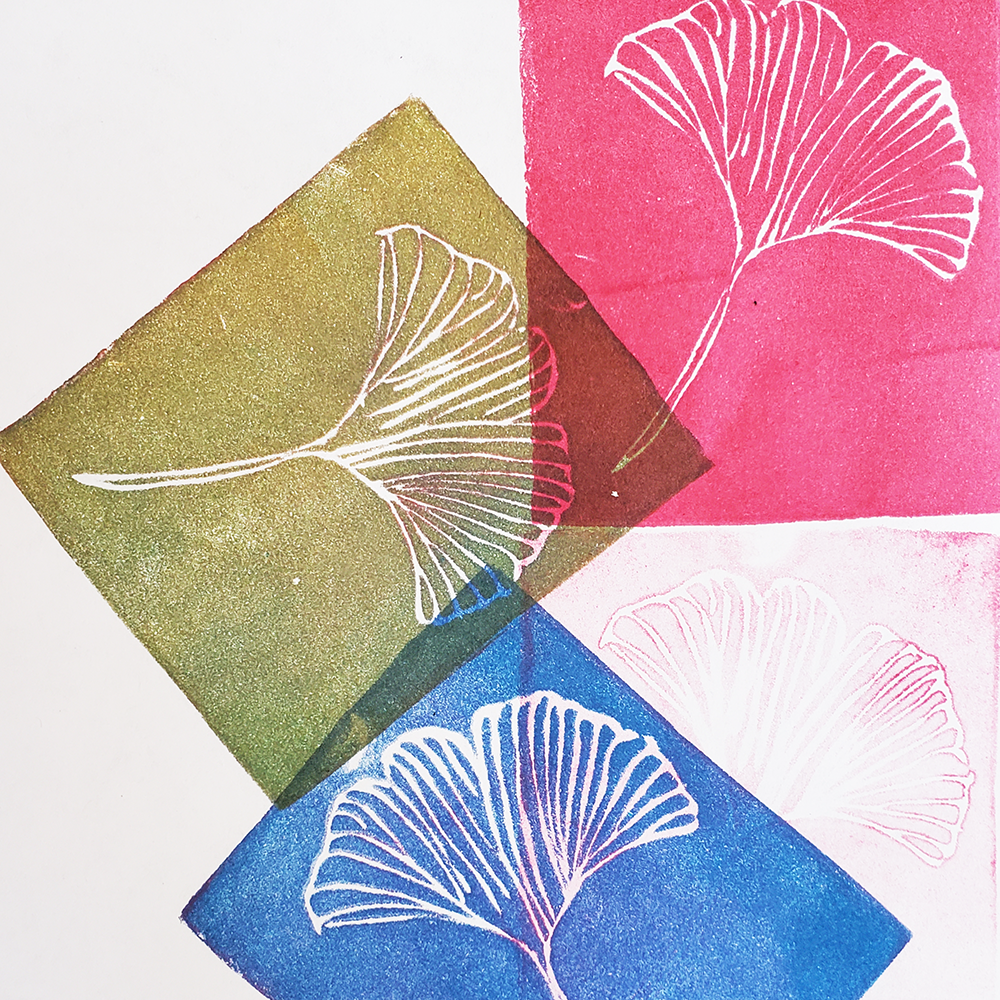 Lo-Tech Printing class samples- 3 ginko leaf prints in bright colors with printing plate