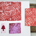 Lo-Tech Printing sample with red tiled mushroom pattern and printing plates