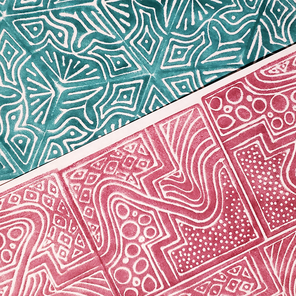 Lo-Tech Printing- two pattern samples- green and red