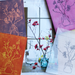 Lo-Tech Printing samples along with inspiration image, sketch, and printing plate- flowers in a vase