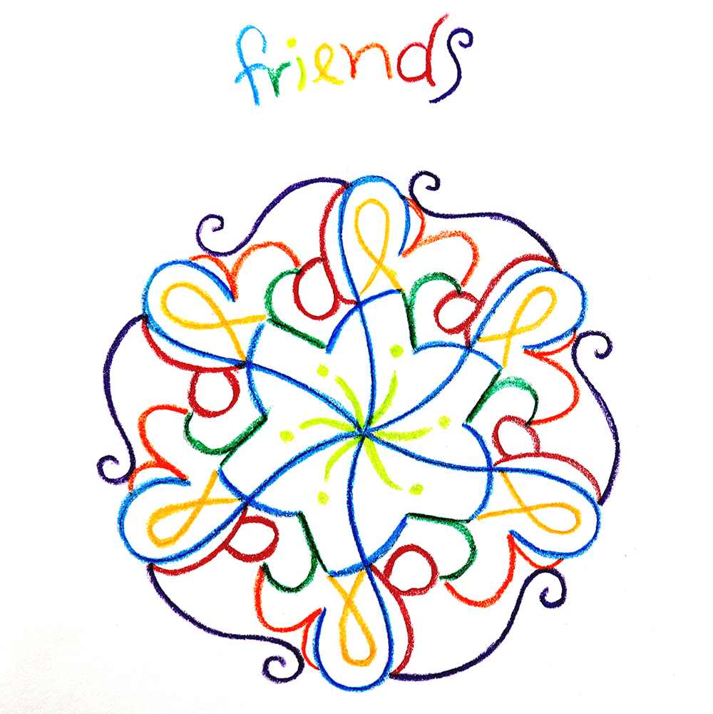 A colorful hand-drawn mandala-style floral design on a white background, with the word "friends" written above in multicolored script.