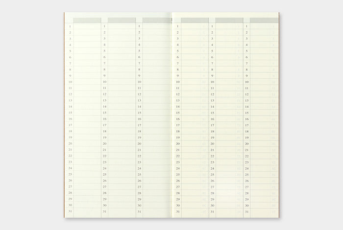The is a monthly over view in the Weekly Planner in the front of the Midori Traveler's Notebook that allows you to see your month at a glace. 