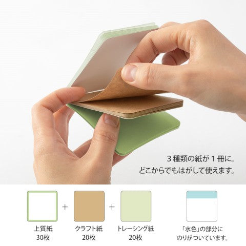 Sticky note pad with rounded corners contains 3 kinds of papers-30 plain white paper with green border, 20 each of green and kraft paper. 