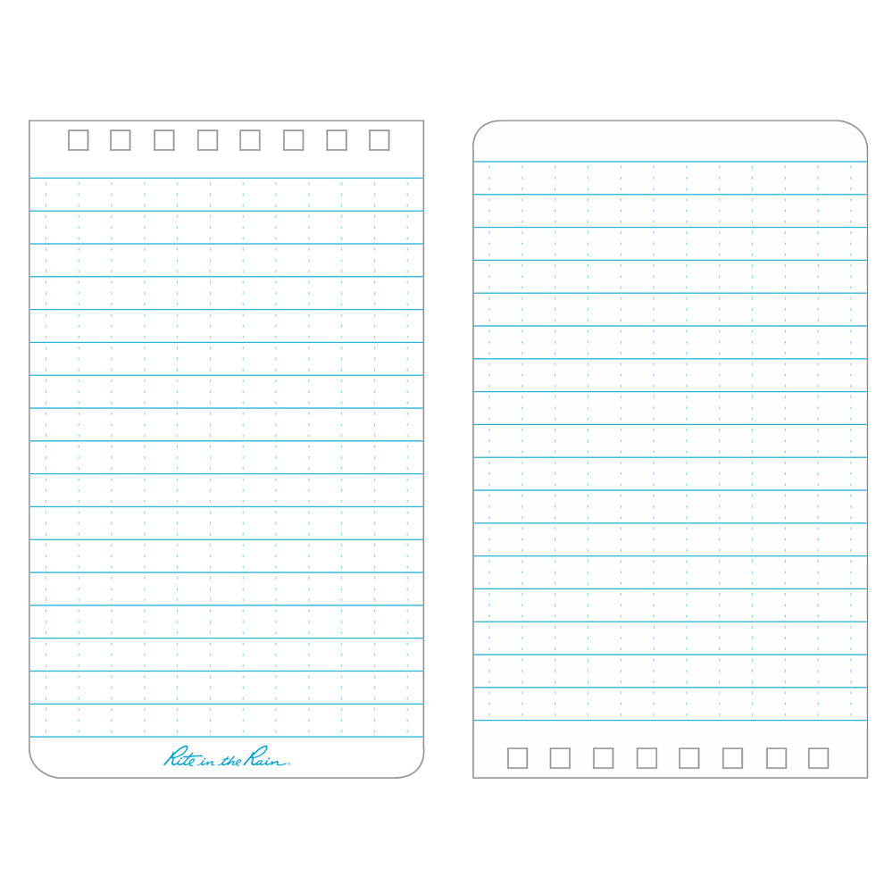 This top-spiral notebook has 50 sheets (100 pages) printed with the "universal pattern", blue ink on white paper- 1/4 inch rules with a faint 1/4 inch grid. 