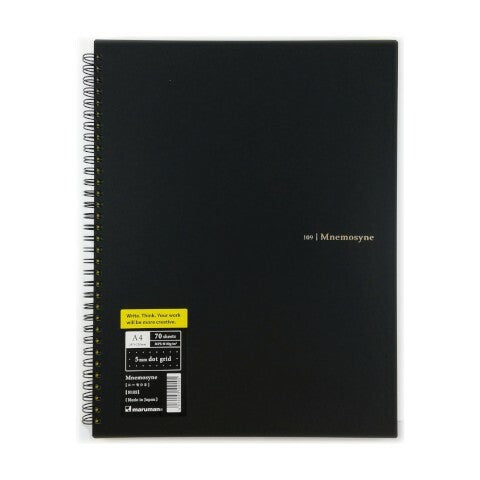 Maruman Mnemosyne spiral bound notebooks feature durable, black plastic covers with rounded corners, bound with twin wire spiral binding.