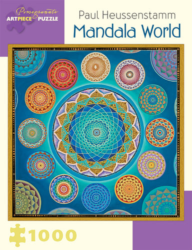 Pomegranate Mandala World 1000 Piece Puzzle by the artist Paul Heussenstamm incorporates tenets from many religions, including Buddhism, Hinduism, and Christianity.