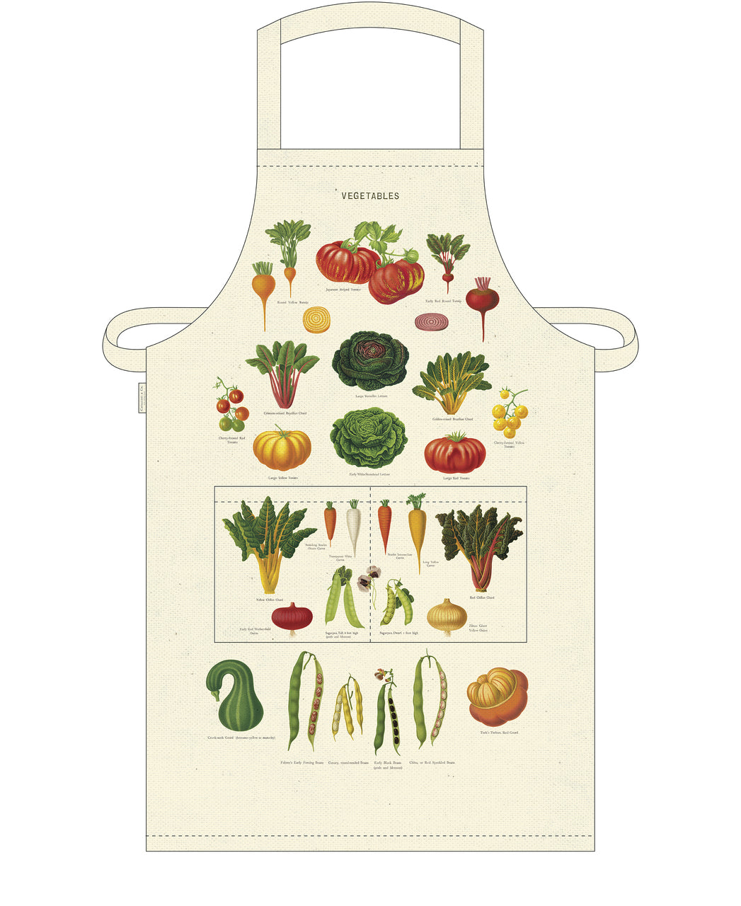 Who doesn't love Cavallini's selection of vintage imagery? The Vegetable Cotton Apron features a selection of colorful vintage images of garden vegetables, each labeled by name.
