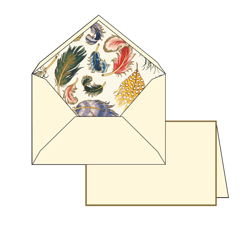 Fine Italian stationery with feather lined envelopes are perfect for everyday correspondence. Folded cards measure approximately 3.25 by 5.25 inches (8.5 by 13 cm). 