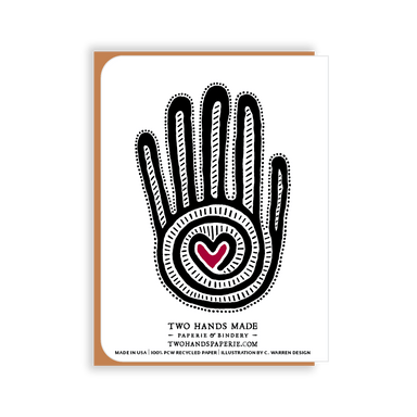  Mano y Corazon has our "Two Hands" printed on front and back of card. This A2 size greeting card measures 4.25 by 5.5 inches when folded.