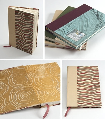 Hand-bound book samplesIntro to Bookbinding - Basic Codex class samples- 4 images of book- cover examples and inside cover page with bookmark