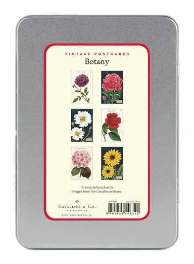 Postcards are packaged in a reusable tin which  contains 18 postcards, 2 each of 9 styles (6 of 9 designs are shown). 