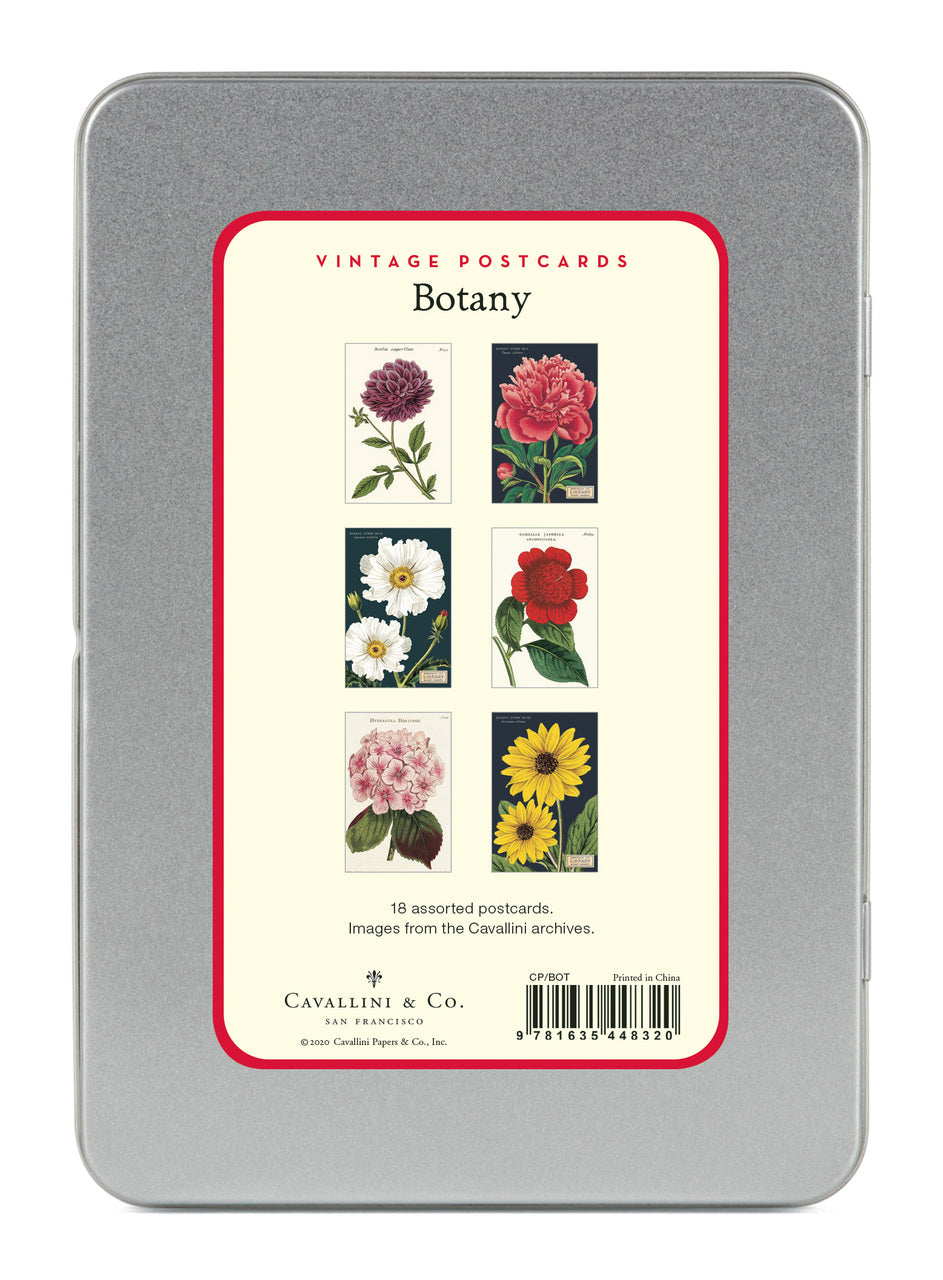 Postcards are packaged in a reusable tin which  contains 18 postcards, 2 each of 9 styles (6 of 9 designs are shown). 