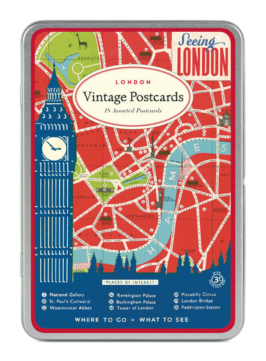 Cavallini & Co. London Vintage Postcards- tin of 18 postcards.