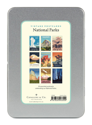 Postcards are packaged in a reusable tin which  contains 18 postcards, 2 each of 9 styles. 