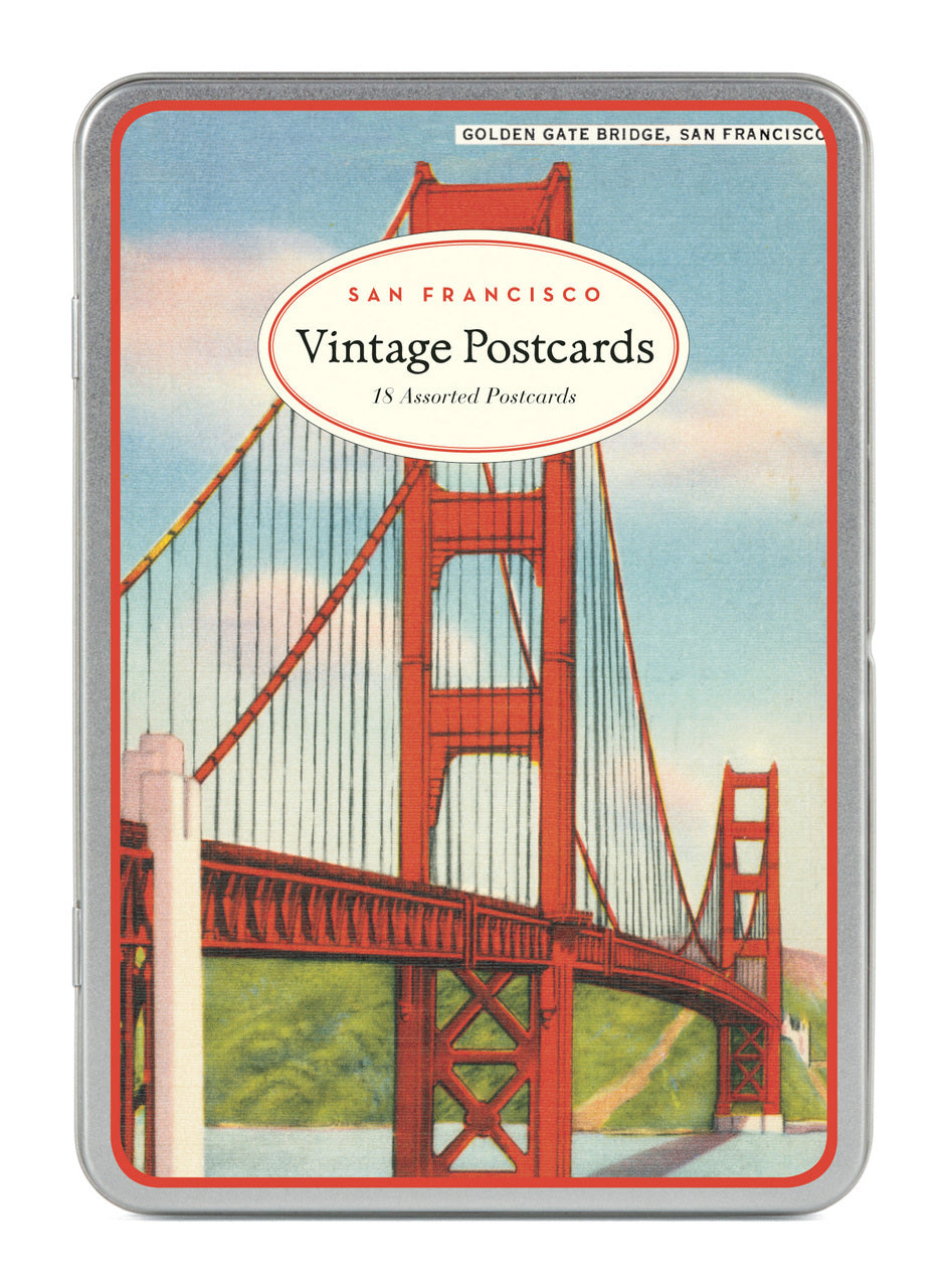 San Francisco Vintage Postcards by Cavallini & Co. include 18 postcards with vintage images of the Golden Gate Bridge, cable cars, and Chinatown.
